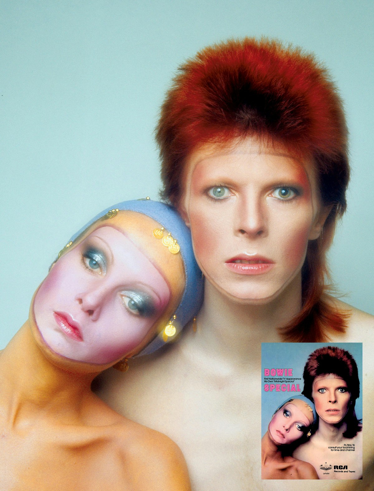 Bowie’s Ziggy Stardust persona from the cover of 1973’s Pinups (with model Twiggy by Justin de Villeneuve), also used for the promotion (inset) of his own Midnight Special TV show, the 1980 Floor Show, which featured the Ziggy persona for the last time.